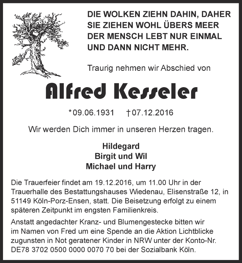  Traueranzeige für Alfred Kesseler vom 14.12.2016 aus  Kölner Wochenspiegel 
