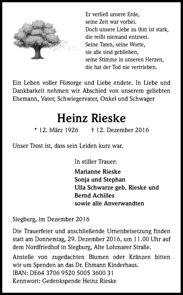 Traueranzeige für Heinz Rieske vom 24.12.2016 aus Kölner Stadt-Anzeiger / Kölnische Rundschau / Express