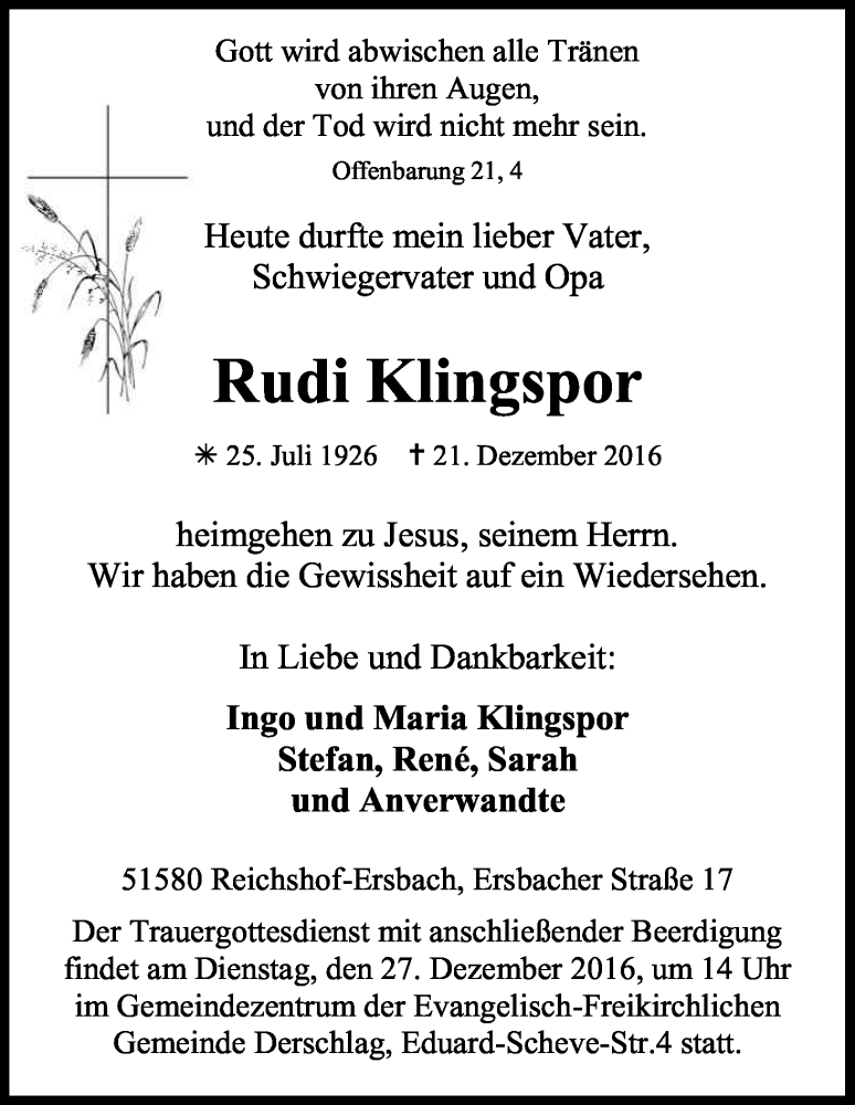  Traueranzeige für Rudi Klingspor vom 24.12.2016 aus Kölner Stadt-Anzeiger / Kölnische Rundschau / Express