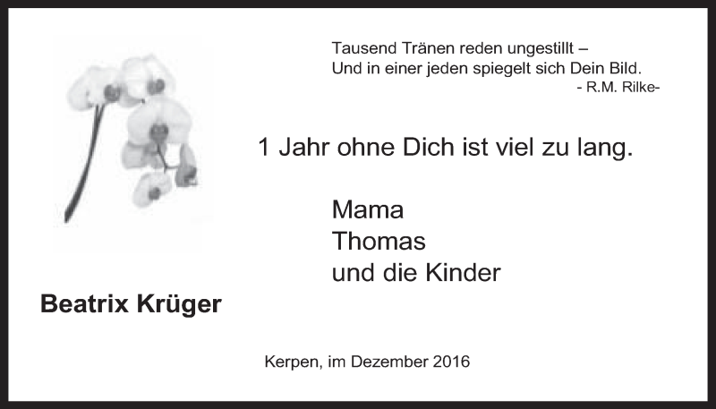  Traueranzeige für Beatrix Krüger vom 07.12.2016 aus  Werbepost 