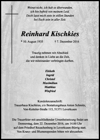 Anzeige von Reinhard Kischkies von Kölner Stadt-Anzeiger / Kölnische Rundschau / Express