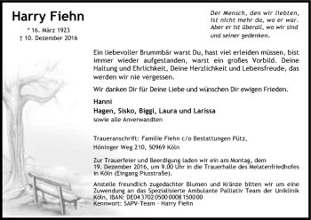 Anzeige von Harry Fiehn von Kölner Stadt-Anzeiger / Kölnische Rundschau / Express