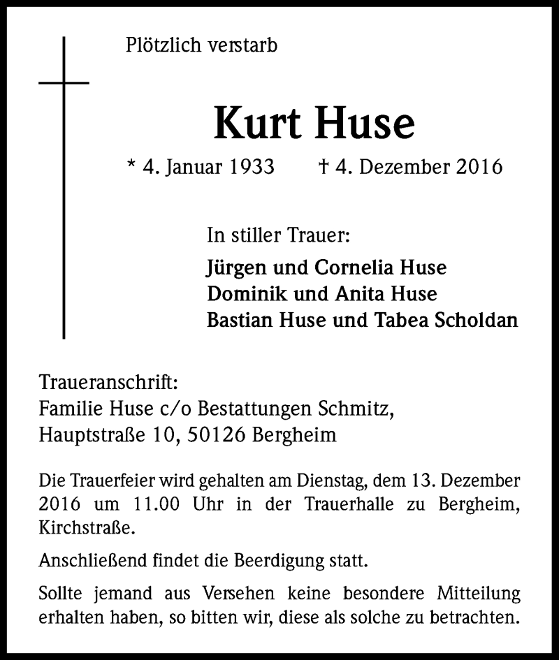  Traueranzeige für Kurt Huse vom 10.12.2016 aus Kölner Stadt-Anzeiger / Kölnische Rundschau / Express
