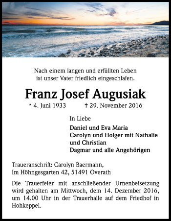 Anzeige von Franz Josef Augusiak von Kölner Stadt-Anzeiger / Kölnische Rundschau / Express
