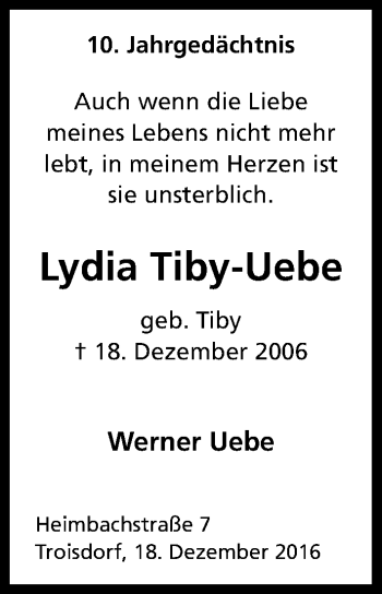 Anzeige von Lydia Tiby-Uebe von Kölner Stadt-Anzeiger / Kölnische Rundschau / Express