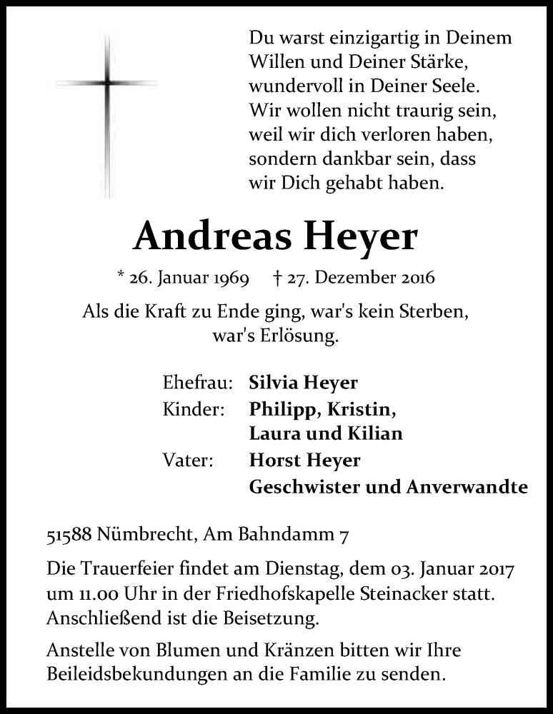  Traueranzeige für Andreas Heyer vom 30.12.2016 aus Kölner Stadt-Anzeiger / Kölnische Rundschau / Express