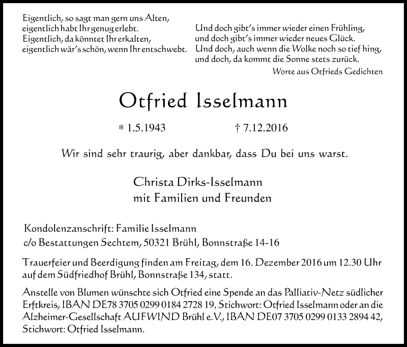  Traueranzeige für Otfried Isselmann vom 13.12.2016 aus Kölner Stadt-Anzeiger / Kölnische Rundschau / Express