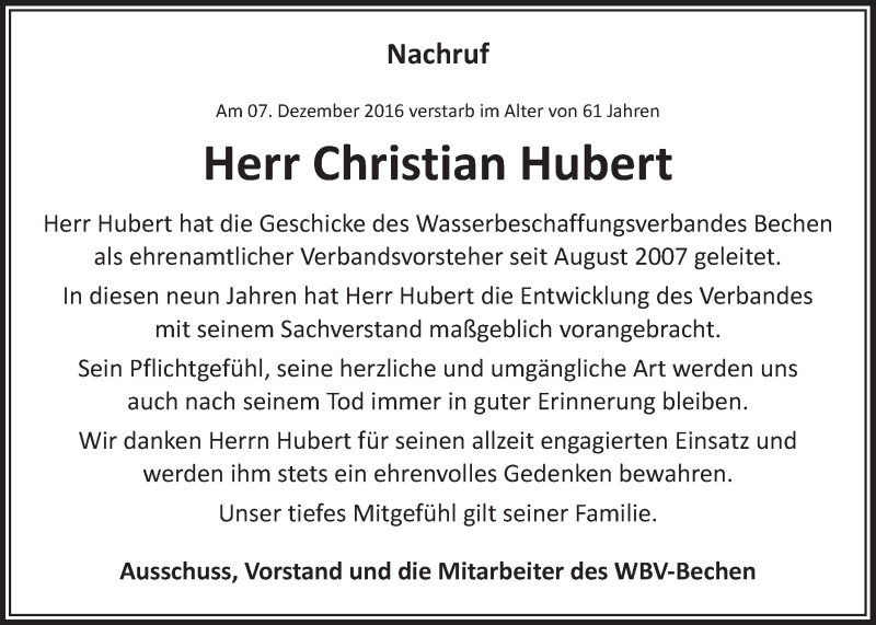  Traueranzeige für Christian Hubert vom 21.12.2016 aus  Bergisches Handelsblatt 