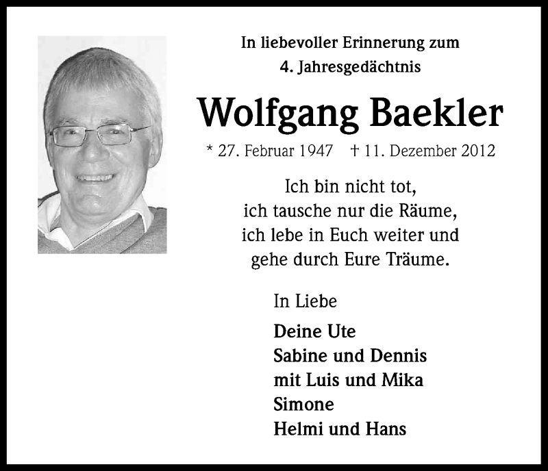  Traueranzeige für Wolfgang Baekler vom 10.12.2016 aus Kölner Stadt-Anzeiger / Kölnische Rundschau / Express