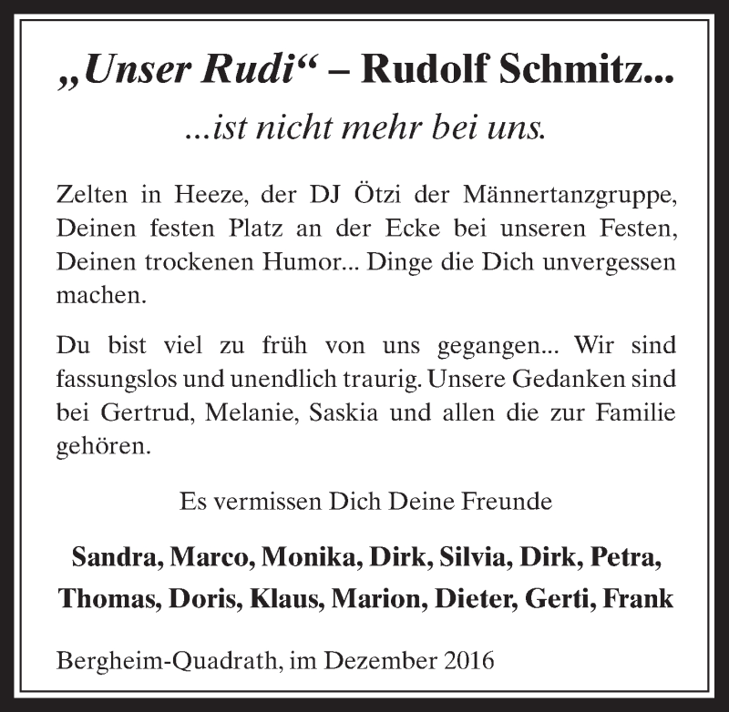  Traueranzeige für Rudolf Schmitz vom 14.12.2016 aus  Werbepost 