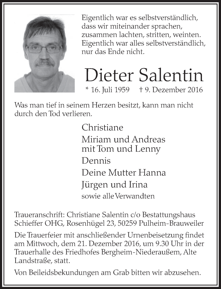  Traueranzeige für Dieter Salentin vom 17.12.2016 aus  Sonntags-Post 