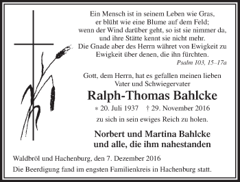 Anzeige von Ralph-Thomas Bahlcke von  Lokalanzeiger 