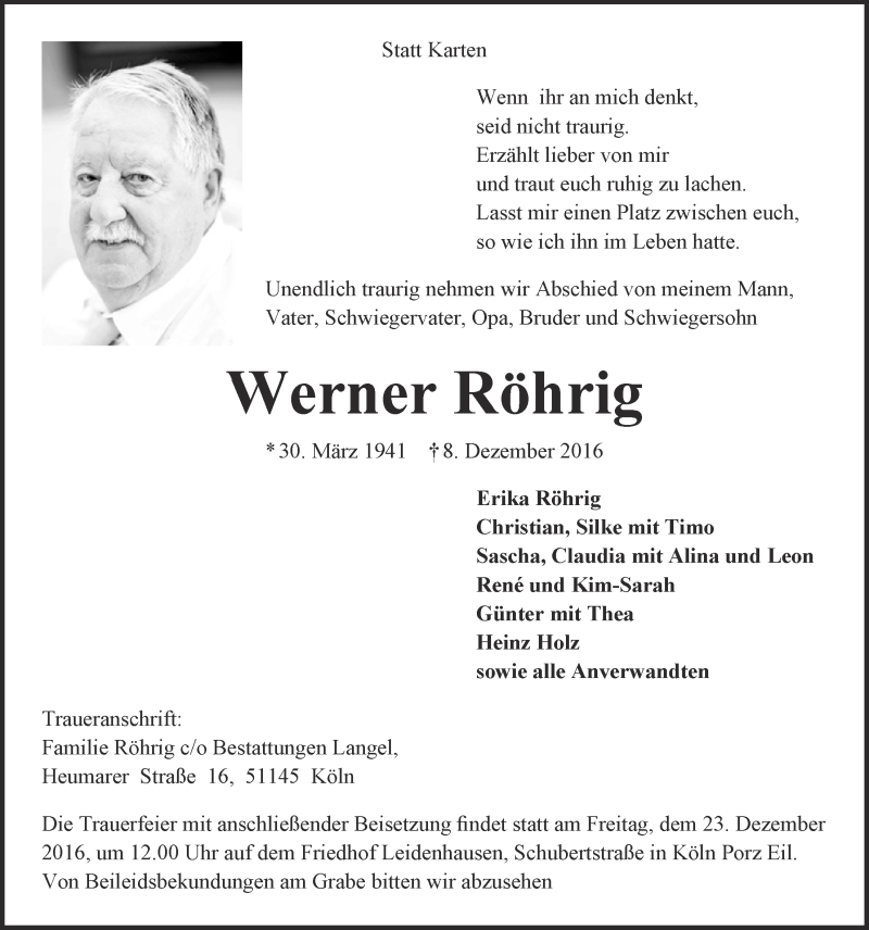  Traueranzeige für Werner Röhrig vom 21.12.2016 aus  Kölner Wochenspiegel 