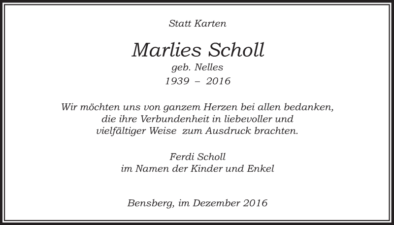  Traueranzeige für Marlies  Scholl vom 07.12.2016 aus  Bergisches Handelsblatt 