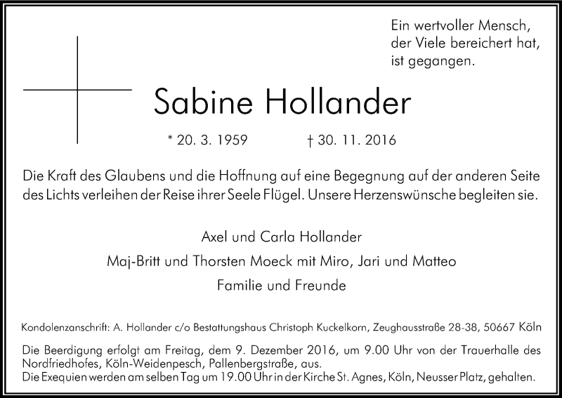  Traueranzeige für Sabine Hollander vom 03.12.2016 aus Kölner Stadt-Anzeiger / Kölnische Rundschau / Express