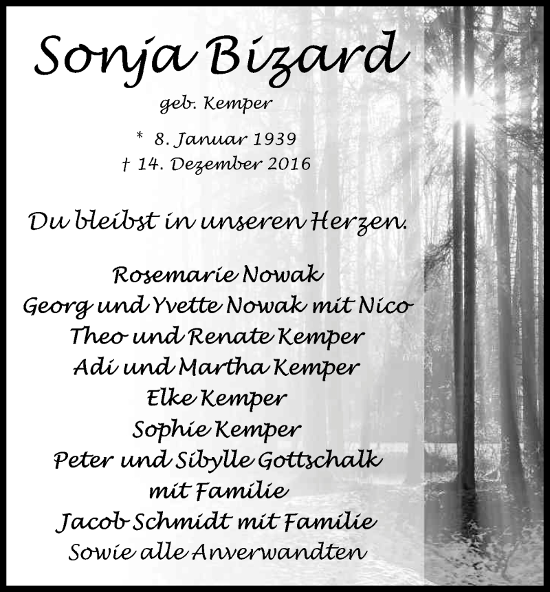 Traueranzeige für Sonja Bizard vom 17.12.2016 aus Kölner Stadt-Anzeiger / Kölnische Rundschau / Express
