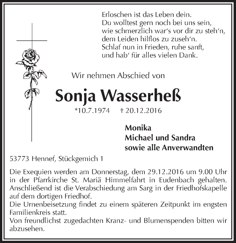  Traueranzeige für Sonja Wasserheß vom 28.12.2016 aus  Extra Blatt 