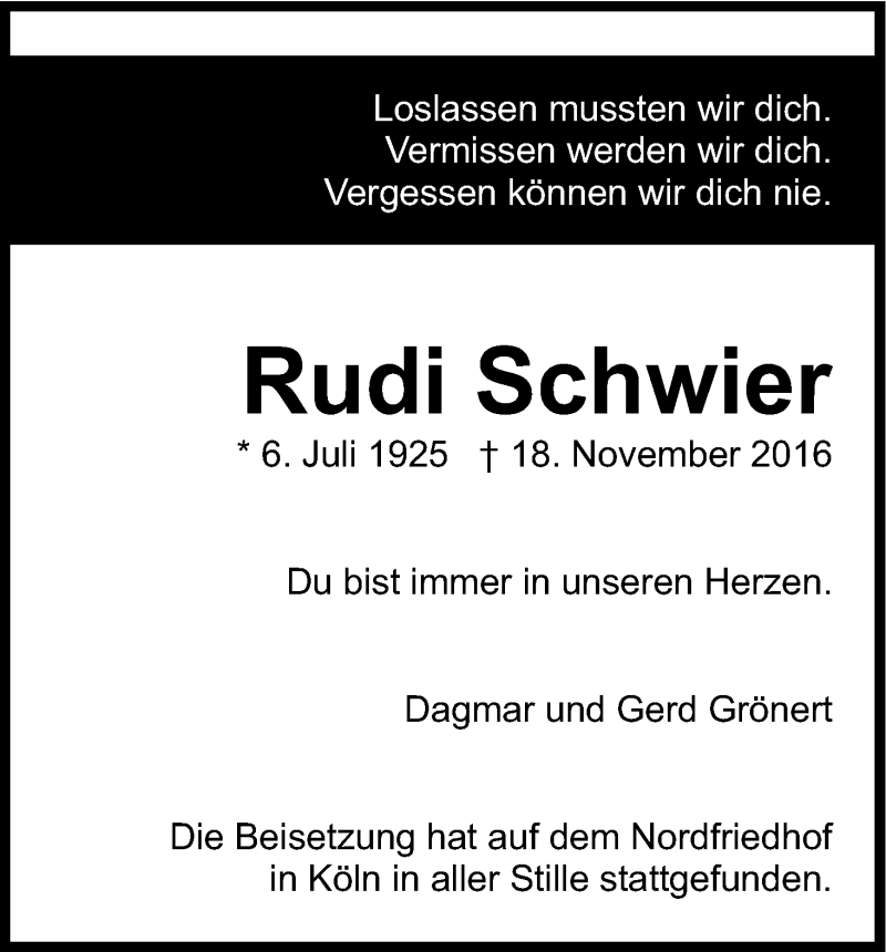  Traueranzeige für Rudi Schwier vom 17.12.2016 aus Kölner Stadt-Anzeiger / Kölnische Rundschau / Express