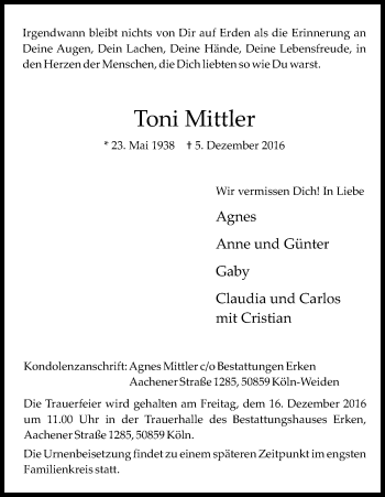 Anzeige von Toni Mittler von Kölner Stadt-Anzeiger / Kölnische Rundschau / Express