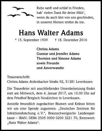 Anzeige von Hans Walter Adams von Kölner Stadt-Anzeiger / Kölnische Rundschau / Express