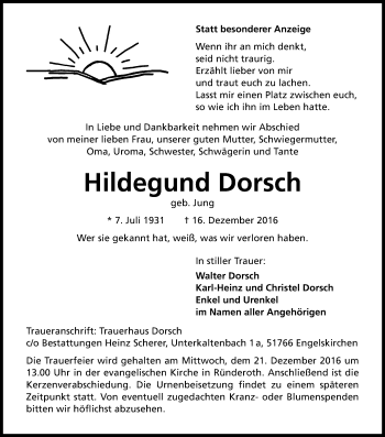 Anzeige von Hildegund Dorsch von Kölner Stadt-Anzeiger / Kölnische Rundschau / Express