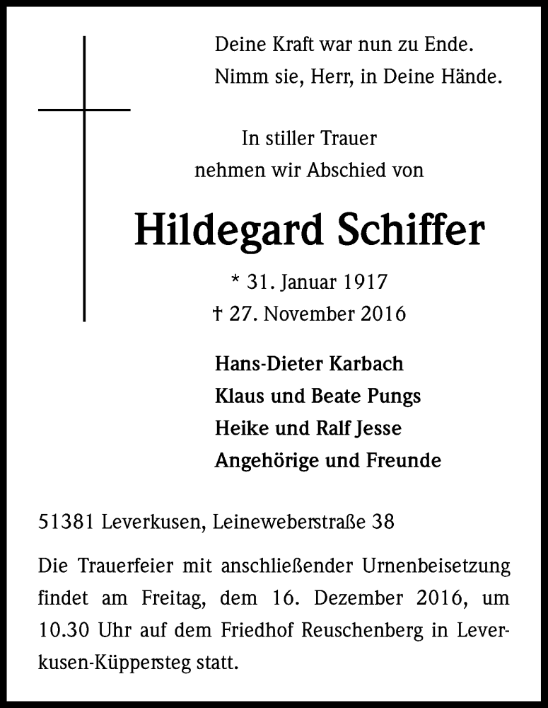  Traueranzeige für Hildegard Schiffer vom 10.12.2016 aus Kölner Stadt-Anzeiger / Kölnische Rundschau / Express