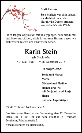 Anzeige von Karin Stein von Kölner Stadt-Anzeiger / Kölnische Rundschau / Express