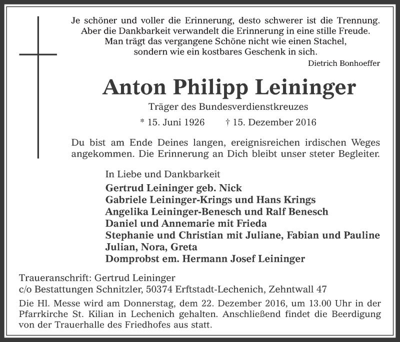  Traueranzeige für Anton Philipp Leininger vom 21.12.2016 aus  Werbepost 