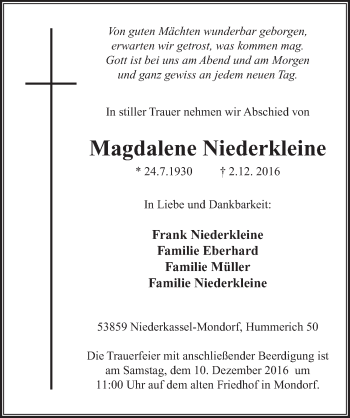 Anzeige von Magdalene Niederkleine von  Extra Blatt 