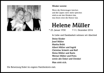 Anzeige von Helene Müller von Kölner Stadt-Anzeiger / Kölnische Rundschau / Express