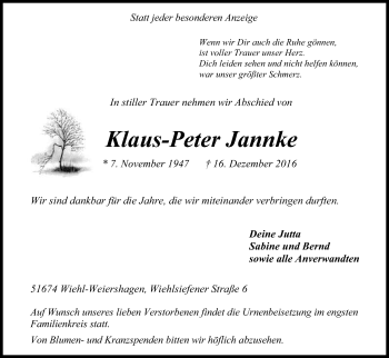 Anzeige von Klaus-Peter Jannke von Kölner Stadt-Anzeiger / Kölnische Rundschau / Express