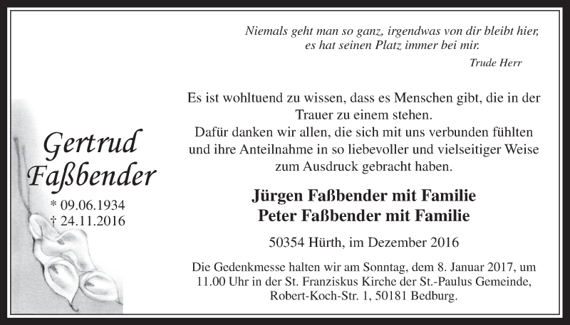  Traueranzeige für Gertrud Faßbender vom 28.12.2016 aus  Wochenende 