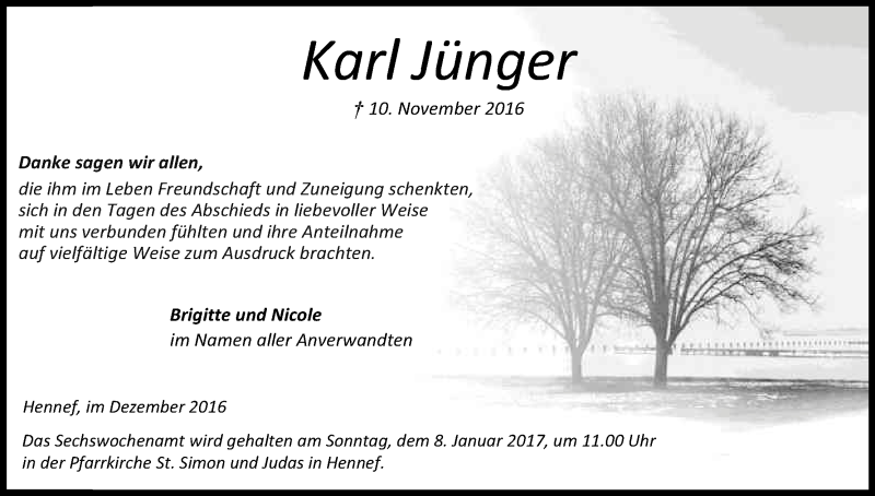  Traueranzeige für Karl Jünger vom 17.12.2016 aus Kölner Stadt-Anzeiger / Kölnische Rundschau / Express