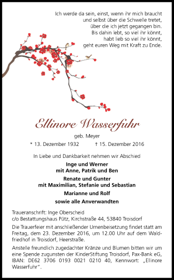 Anzeige von Ellinore Wasserfuhr von Kölner Stadt-Anzeiger / Kölnische Rundschau / Express