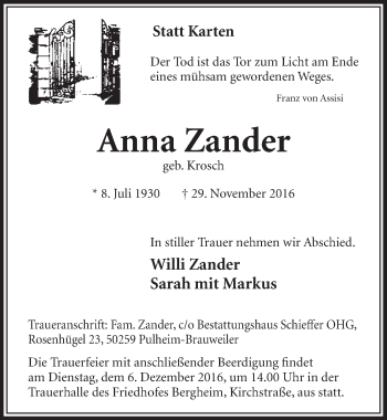 Anzeige von Anna Zander von  Sonntags-Post 