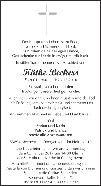 Anzeige von Käthe Beckers von  Blickpunkt Euskirchen 