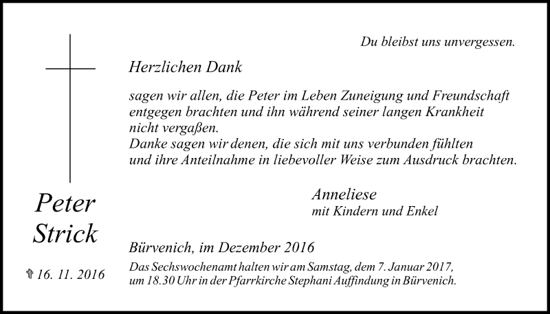  Traueranzeige für Peter Strick vom 31.12.2016 aus  Blickpunkt Euskirchen 