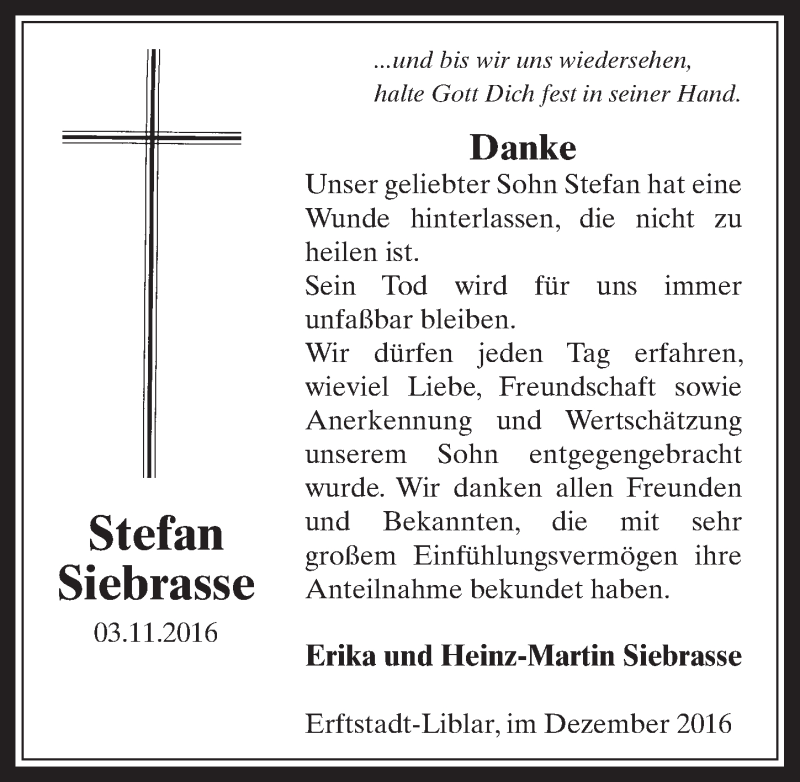  Traueranzeige für Stefan Siebrasse vom 07.12.2016 aus  Werbepost 