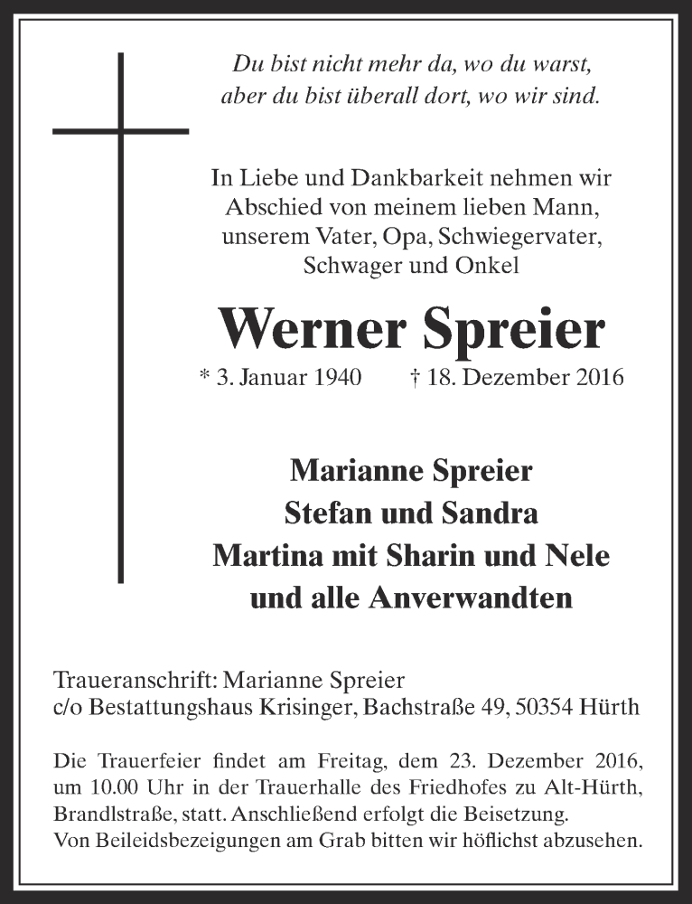  Traueranzeige für Werner Spreier vom 21.12.2016 aus  Wochenende 