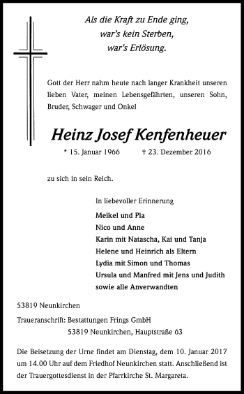 Anzeige von Heinz Josef Kenfenheuer von Kölner Stadt-Anzeiger / Kölnische Rundschau / Express