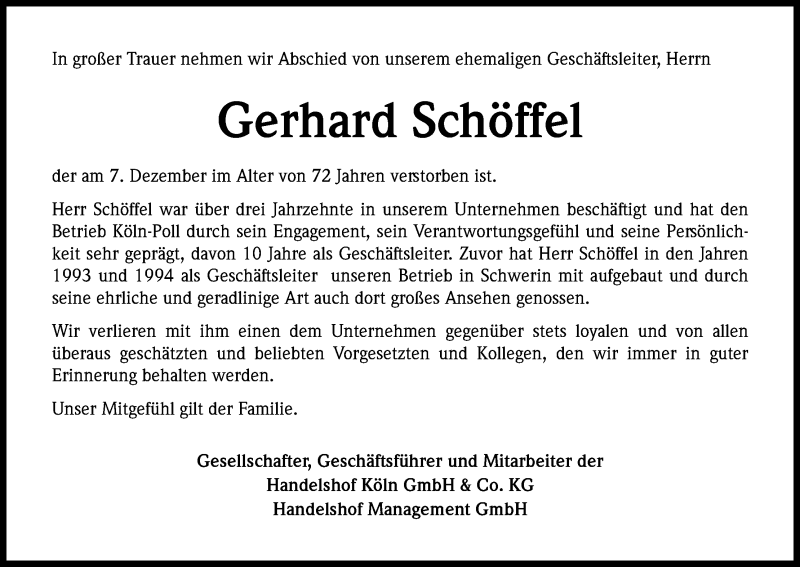  Traueranzeige für Gerhard Schöffel vom 17.12.2016 aus Kölner Stadt-Anzeiger / Kölnische Rundschau / Express