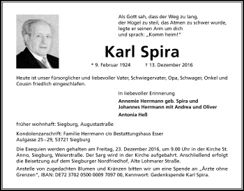 Anzeige von Karl Spira von Kölner Stadt-Anzeiger / Kölnische Rundschau / Express