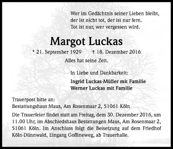 Anzeige von Margot Luckas von Kölner Stadt-Anzeiger / Kölnische Rundschau / Express