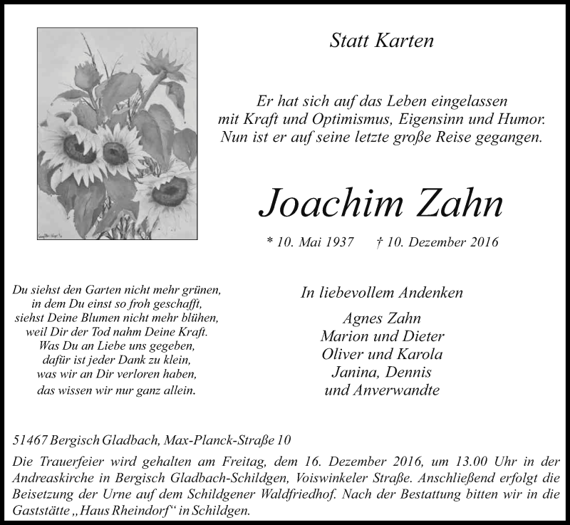  Traueranzeige für Joachim Zahn vom 13.12.2016 aus Kölner Stadt-Anzeiger / Kölnische Rundschau / Express