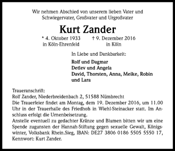 Anzeige von Kurt Zander von Kölner Stadt-Anzeiger / Kölnische Rundschau / Express