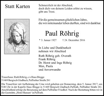 Anzeige von Paul Röhrig von Kölner Stadt-Anzeiger / Kölnische Rundschau / Express