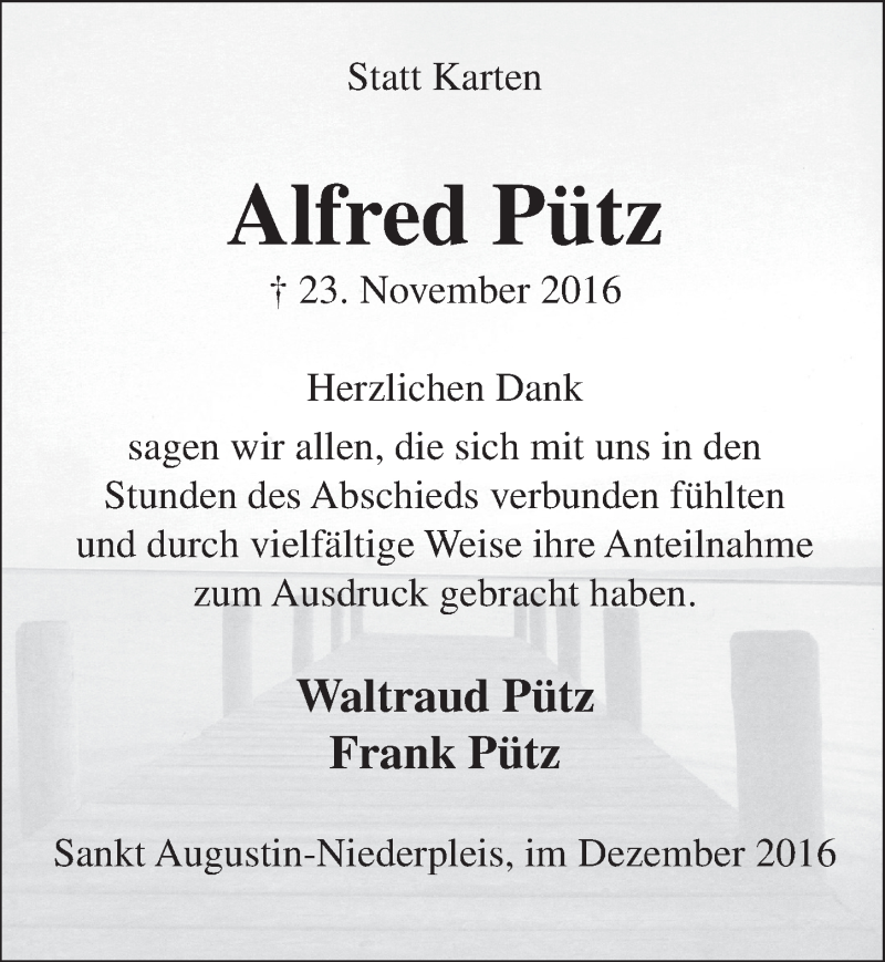  Traueranzeige für Alfred Pütz vom 21.12.2016 aus  Extra Blatt 