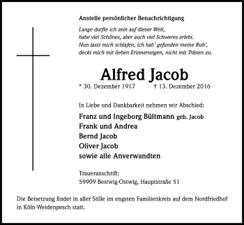 Anzeige von Alfred Jacob von Kölner Stadt-Anzeiger / Kölnische Rundschau / Express