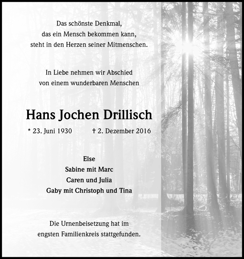 Traueranzeige für Hans Jochen Drillisch vom 31.12.2016 aus Kölner Stadt-Anzeiger / Kölnische Rundschau / Express