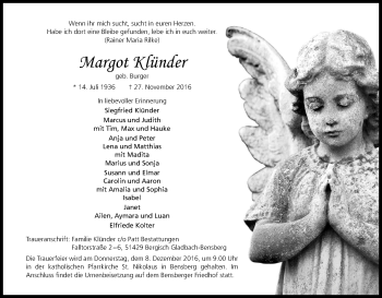 Anzeige von Margot Klünder von Kölner Stadt-Anzeiger / Kölnische Rundschau / Express